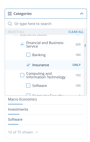 Startup-Scouting: Auswahl der Kategorien in ITONICS Insights