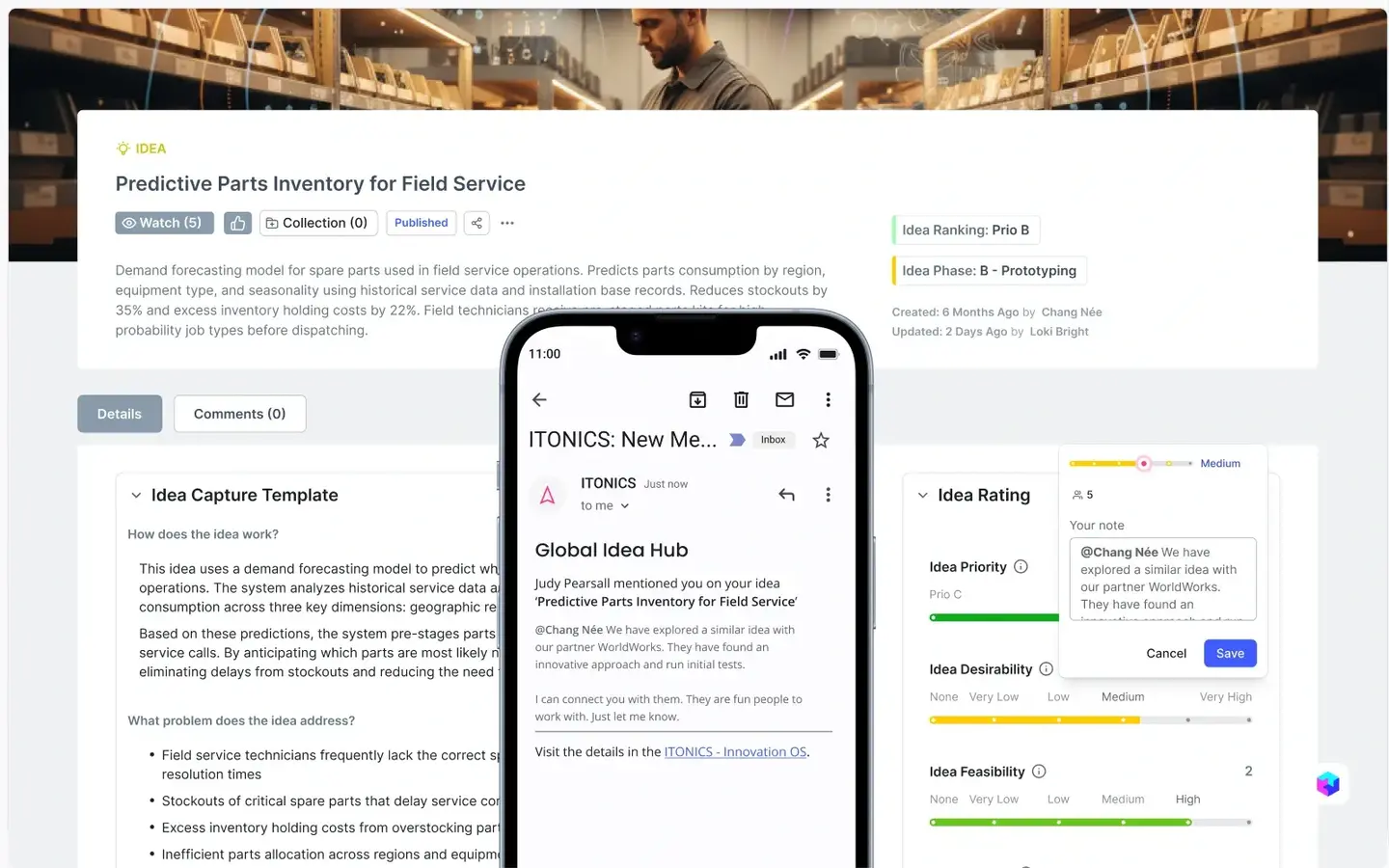 Alert on a new evaluation of an idea with comments | ITONICS
