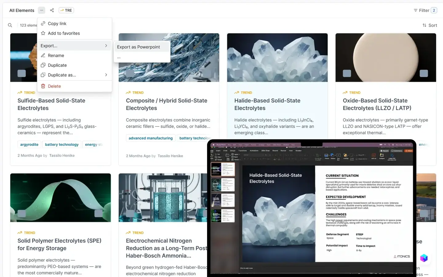 Auto-generate PowerPoint presentations from collected trends | ITONICS