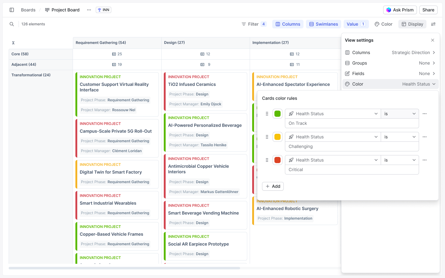 A project board across three innovation horizons and RAG categories | ITONICS
