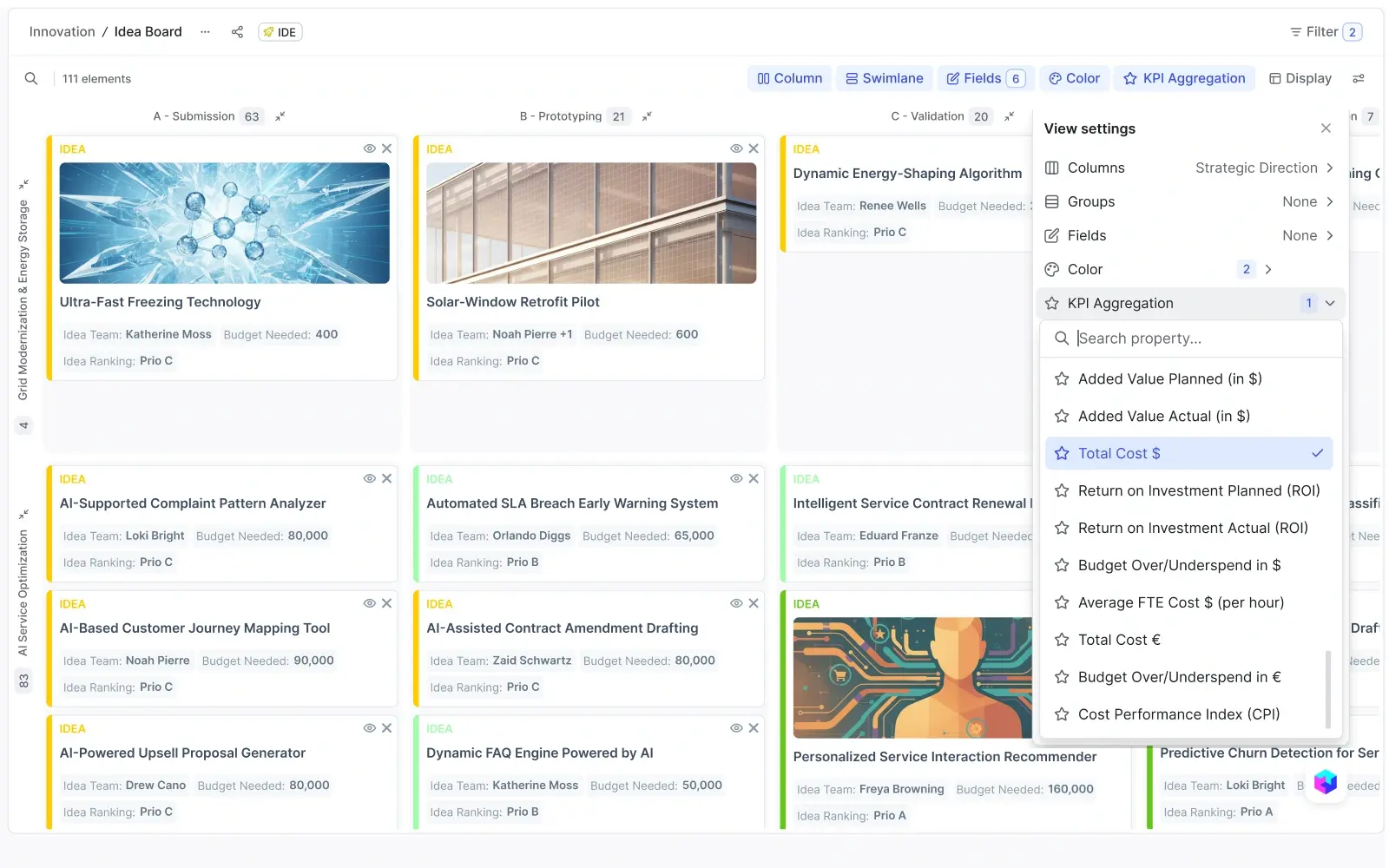 A project portfolio board with KPI aggregation