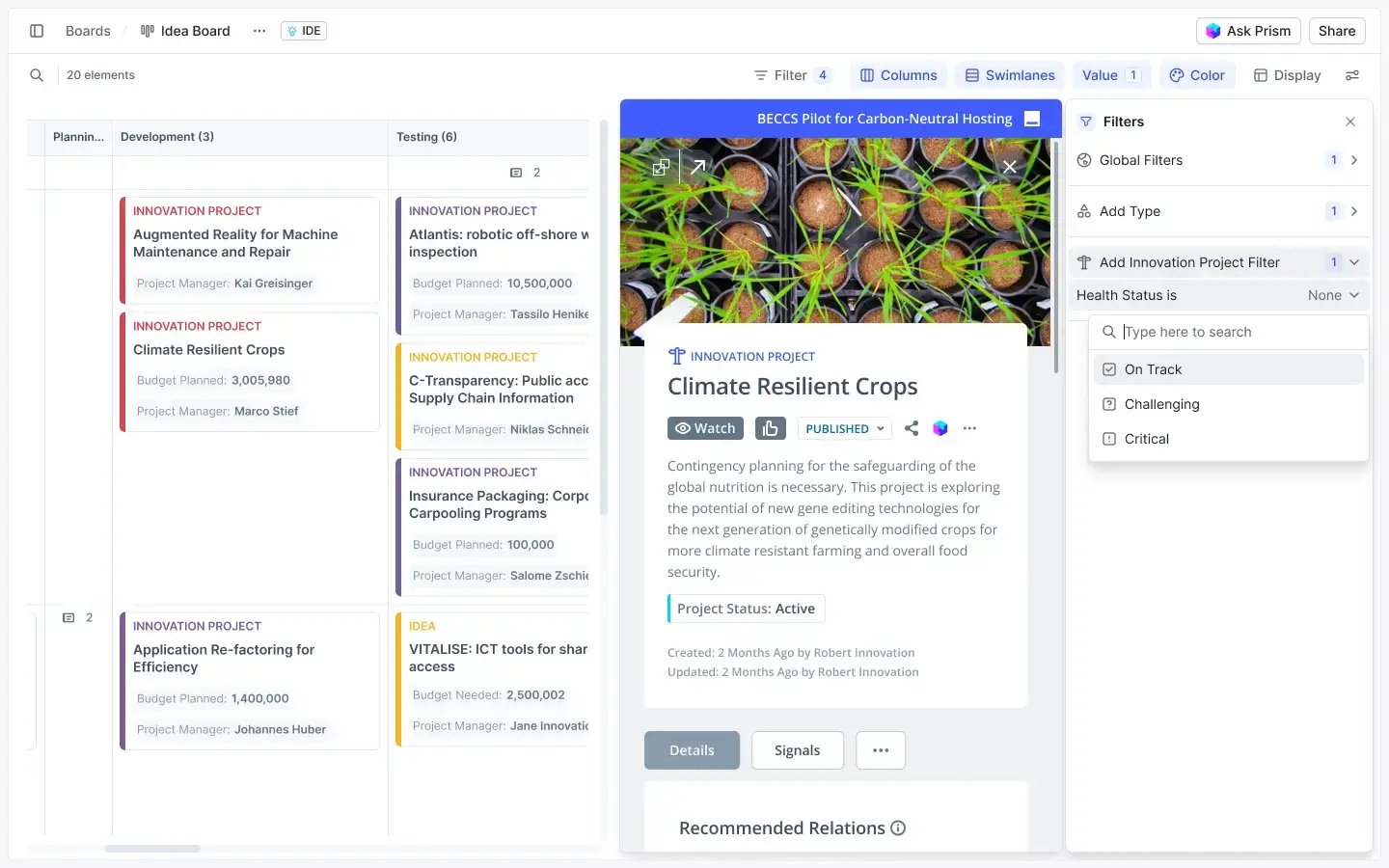 An idea board filtered by all projects "on track" | ITONICS