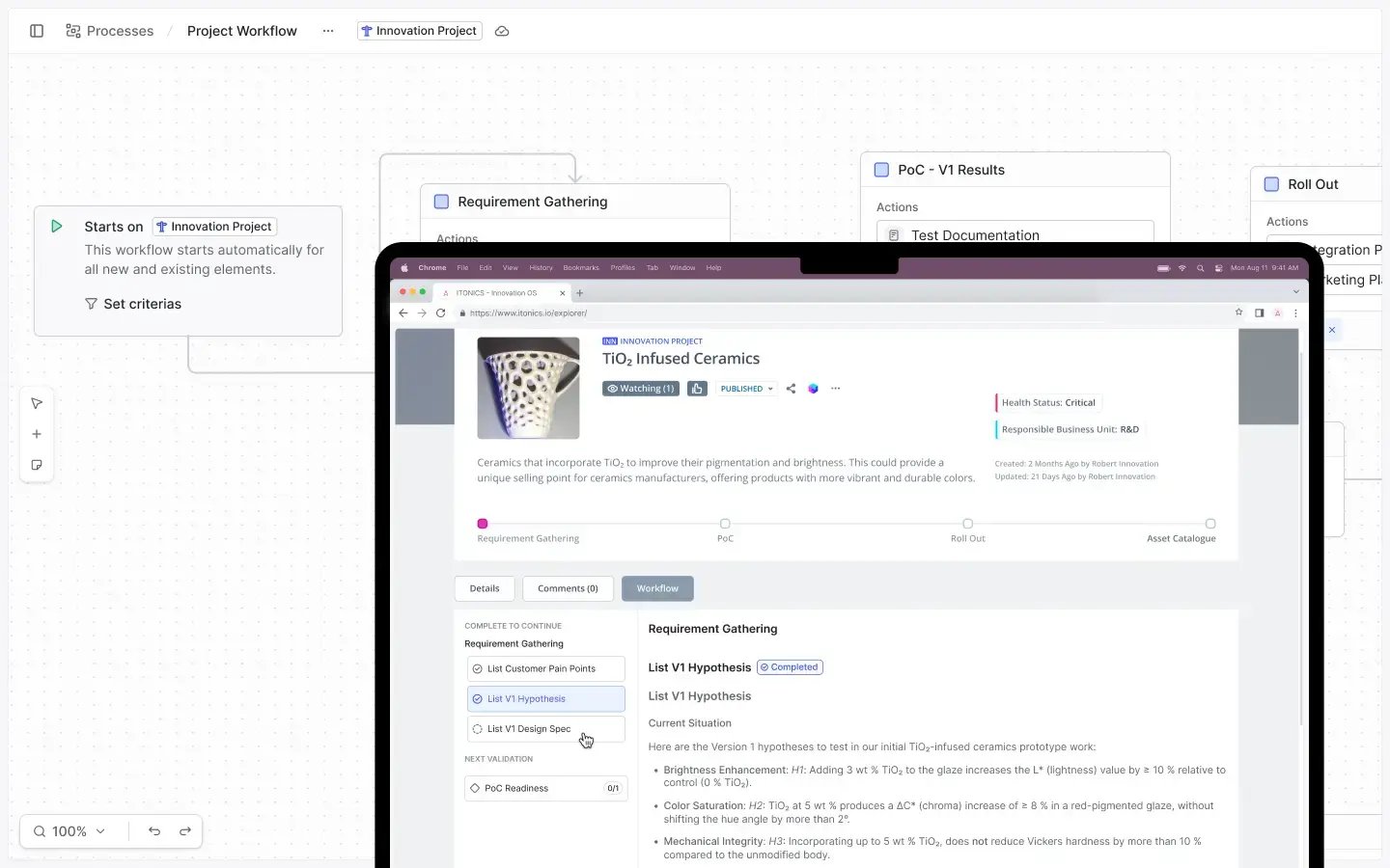 ITONICS Workflow allows structured progression and recording of results