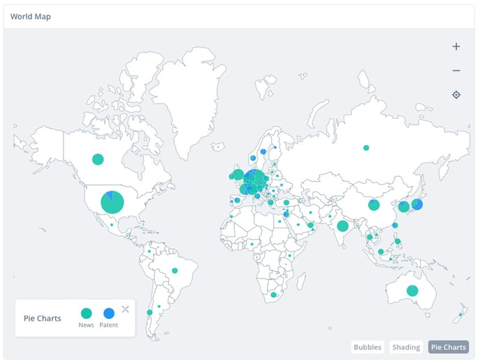 ITONICS Innovation OS: World Map, die Entwicklungen von Trends, Technologien, Startups oder Wettbewerbern zeigt