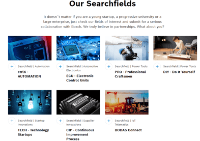 Verschiedene Suchfelder auf der Bosch Open Innovation Plattform